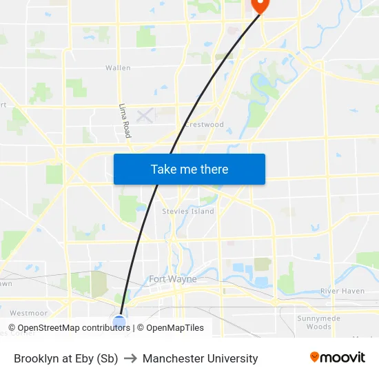 Brooklyn at Eby (Sb) to Manchester University map
