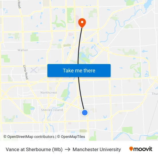 Vance at Sherbourne (Wb) to Manchester University map