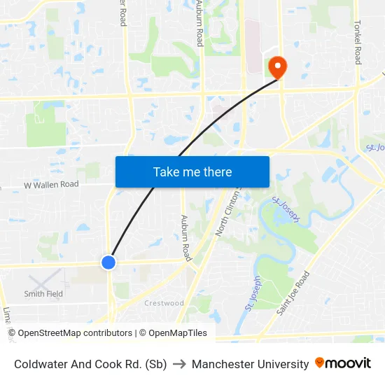 Coldwater And Cook Rd. (Sb) to Manchester University map