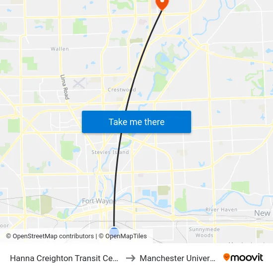 Hanna Creighton Transit Center to Manchester University map