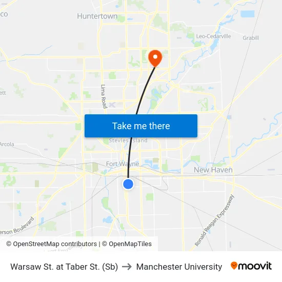 Warsaw St. at Taber St. (Sb) to Manchester University map