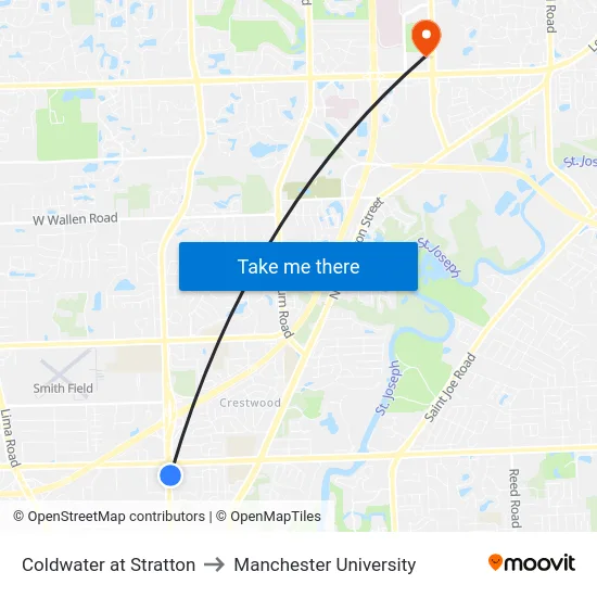 Coldwater at Stratton to Manchester University map
