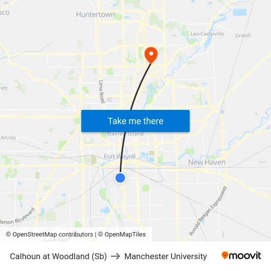 Calhoun at Woodland (Sb) to Manchester University map