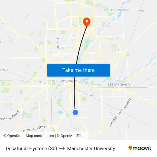Decatur at Hystone (Sb) to Manchester University map