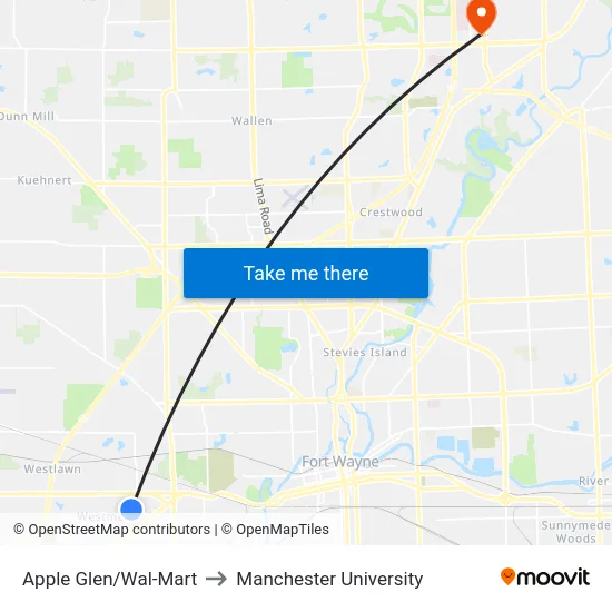 Apple Glen/Wal-Mart to Manchester University map