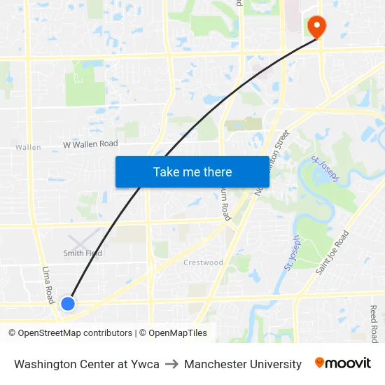 Washington Center at Ywca to Manchester University map