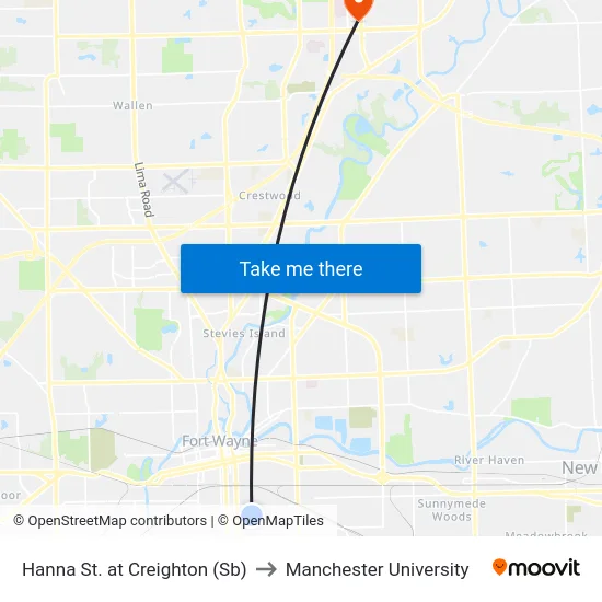 Hanna St. at Creighton (Sb) to Manchester University map