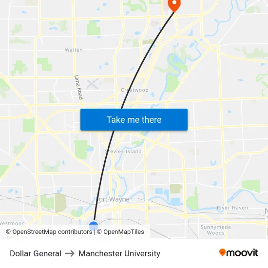 Dollar General to Manchester University map