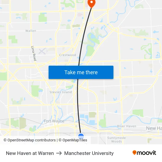 New Haven at Warren to Manchester University map
