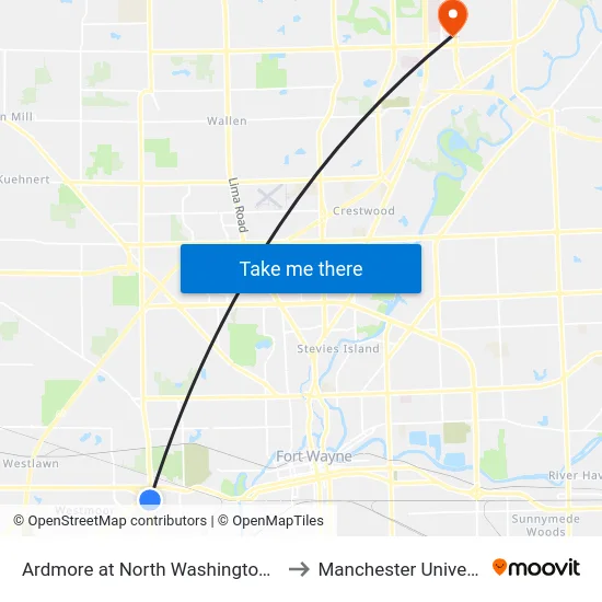 Ardmore at North Washington (Sb) to Manchester University map