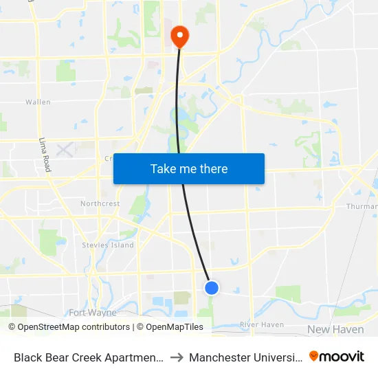 Black Bear Creek Apartments to Manchester University map