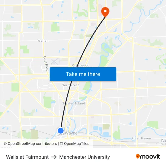 Wells at Fairmount to Manchester University map