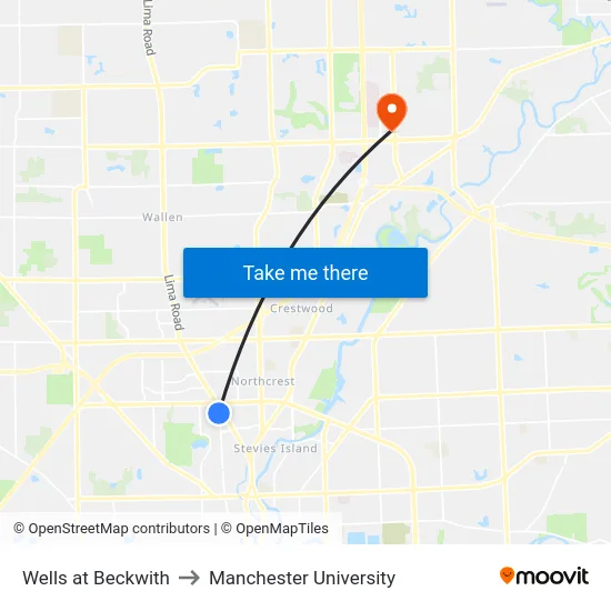 Wells at Beckwith to Manchester University map