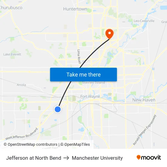 Jefferson at North Bend to Manchester University map