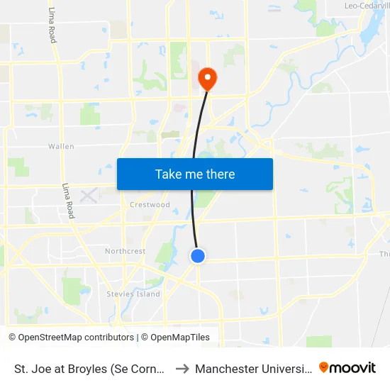 St. Joe at Broyles (Se Corner) to Manchester University map