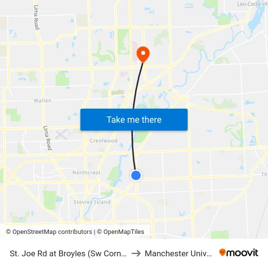 St. Joe Rd at Broyles (Sw Corner)(Sb) to Manchester University map