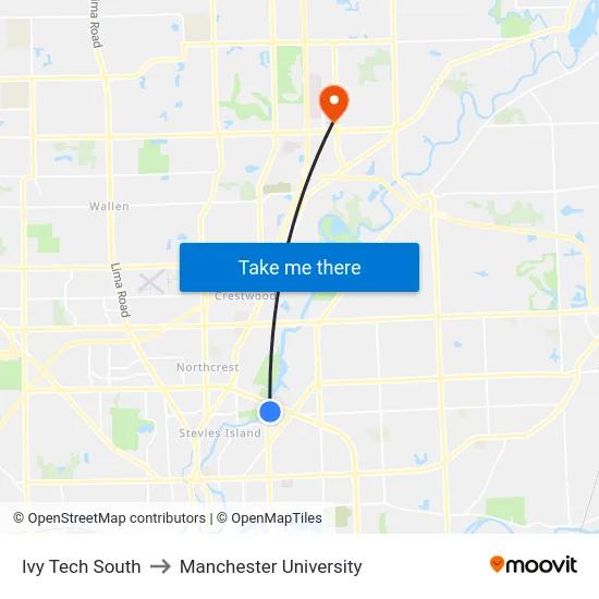 Ivy Tech South to Manchester University map