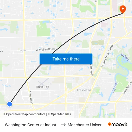 Washington Center at Industrial to Manchester University map