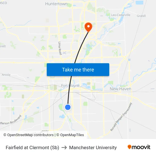 Fairfield at Clermont (Sb) to Manchester University map