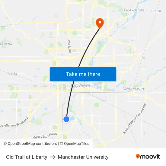Old Trail at Liberty to Manchester University map