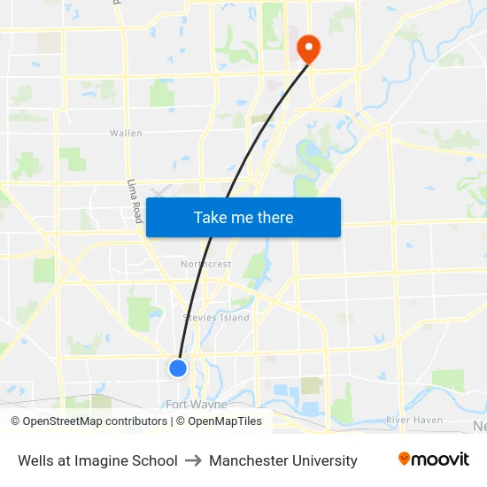 Wells at Imagine School to Manchester University map