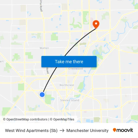 West Wind Apartments (Sb) to Manchester University map