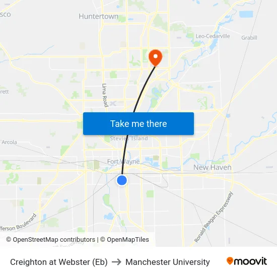 Creighton at Webster (Eb) to Manchester University map