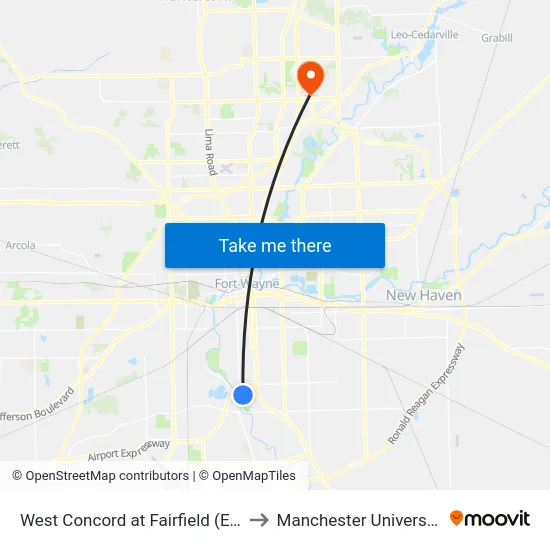 West Concord at Fairfield (Eb) to Manchester University map