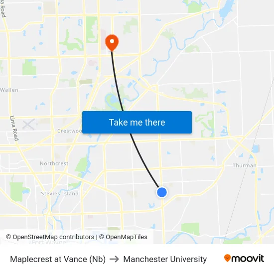 Maplecrest at Vance (Nb) to Manchester University map