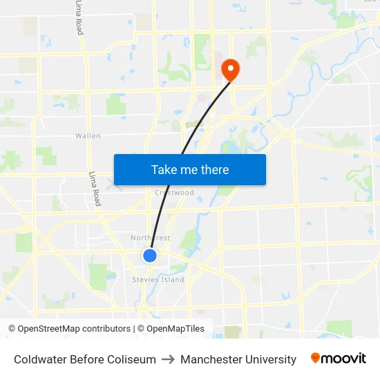 Coldwater Before Coliseum to Manchester University map