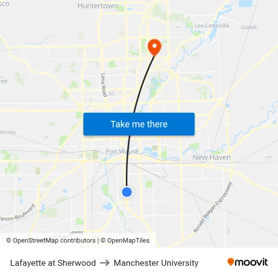 Lafayette at Sherwood to Manchester University map