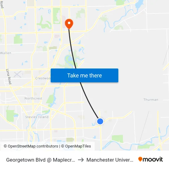Georgetown Blvd @ Maplecrest to Manchester University map