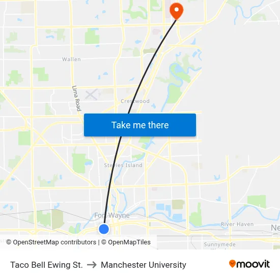 Taco Bell Ewing St. to Manchester University map