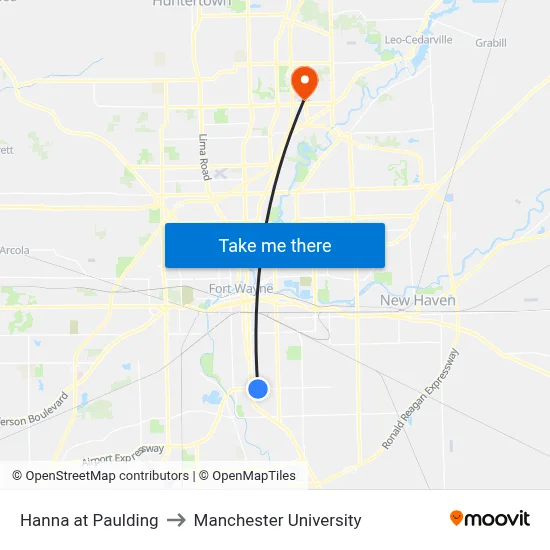 Hanna at Paulding to Manchester University map