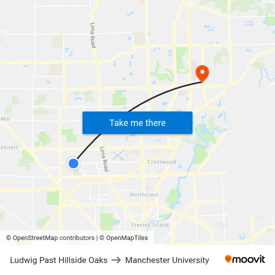 Ludwig Past Hillside Oaks to Manchester University map