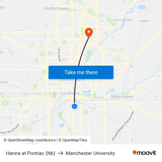 Hanna at Pontiac (Nb) to Manchester University map