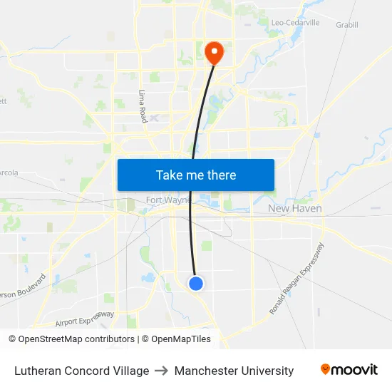 Lutheran Concord Village to Manchester University map
