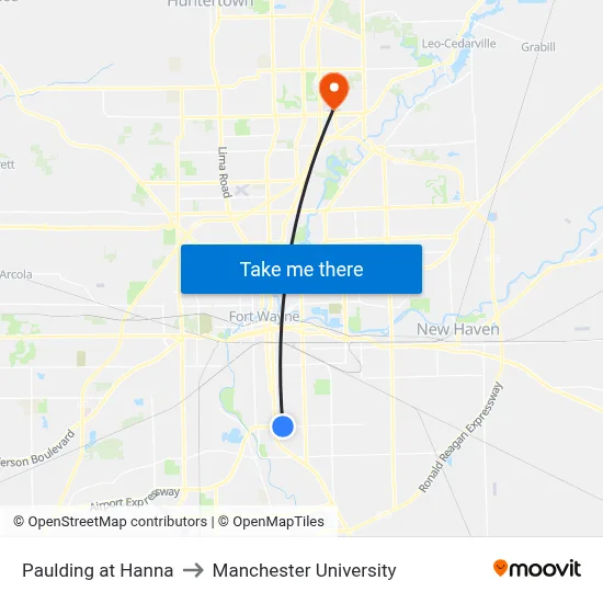 Paulding at Hanna to Manchester University map