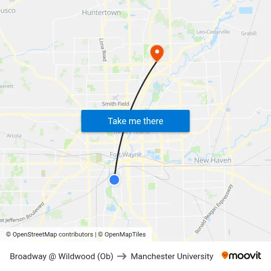 Broadway @ Wildwood (Ob) to Manchester University map