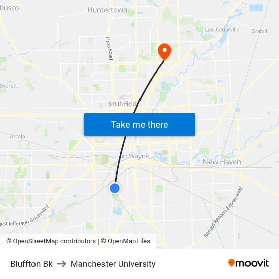 Bluffton Bk to Manchester University map