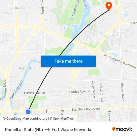 Parnell at State (Nb) to Fort Wayne Fireworks map
