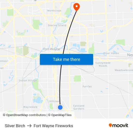 Silver Birch to Fort Wayne Fireworks map