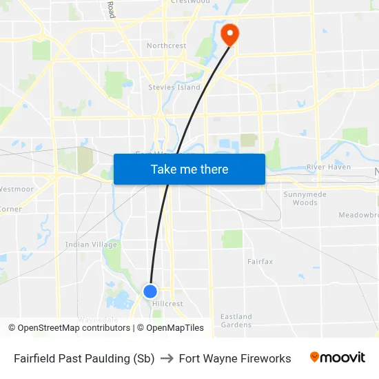 Fairfield Past Paulding (Sb) to Fort Wayne Fireworks map