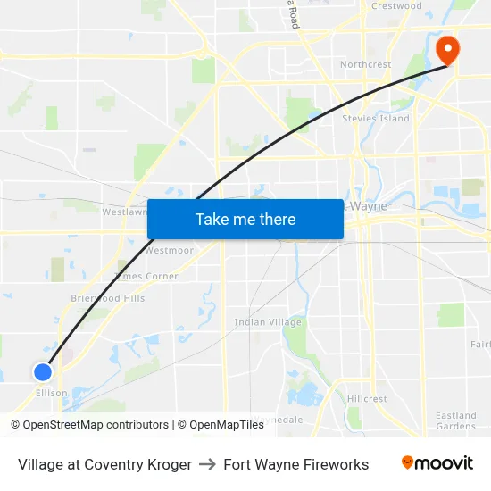 Village at Coventry Kroger to Fort Wayne Fireworks map