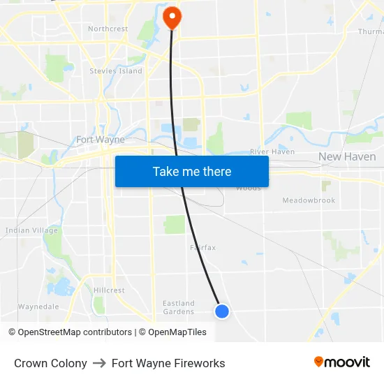 Crown Colony to Fort Wayne Fireworks map