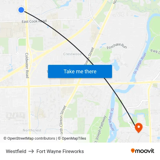 Westfield to Fort Wayne Fireworks map