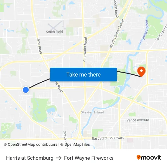 Harris at Schomburg to Fort Wayne Fireworks map