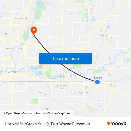 Hartzell St./Green St. to Fort Wayne Fireworks map