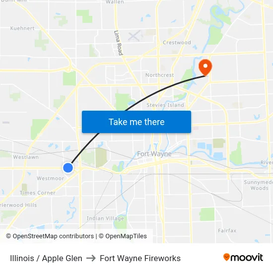 Illinois / Apple Glen to Fort Wayne Fireworks map