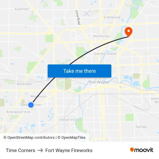 Time Corners to Fort Wayne Fireworks map